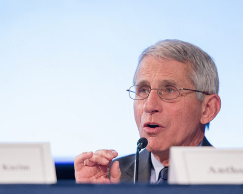 a picture of dr anthony fauci sitting at a table